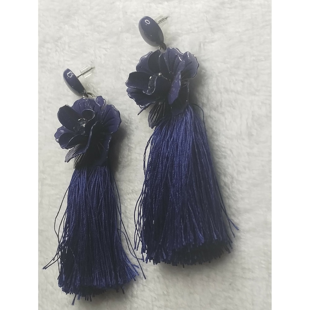 Sugarfix by BaubleBar Navy Blue Floral Tassel Drop Earrings Boho Statement Bin 2 - Picture 3 of 6